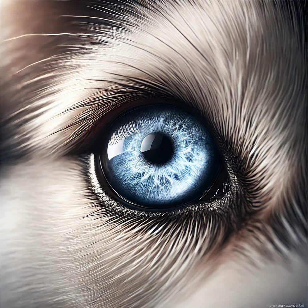 Detailed close-up of the husky's eye, capturing the intricate textures and natural colors you described