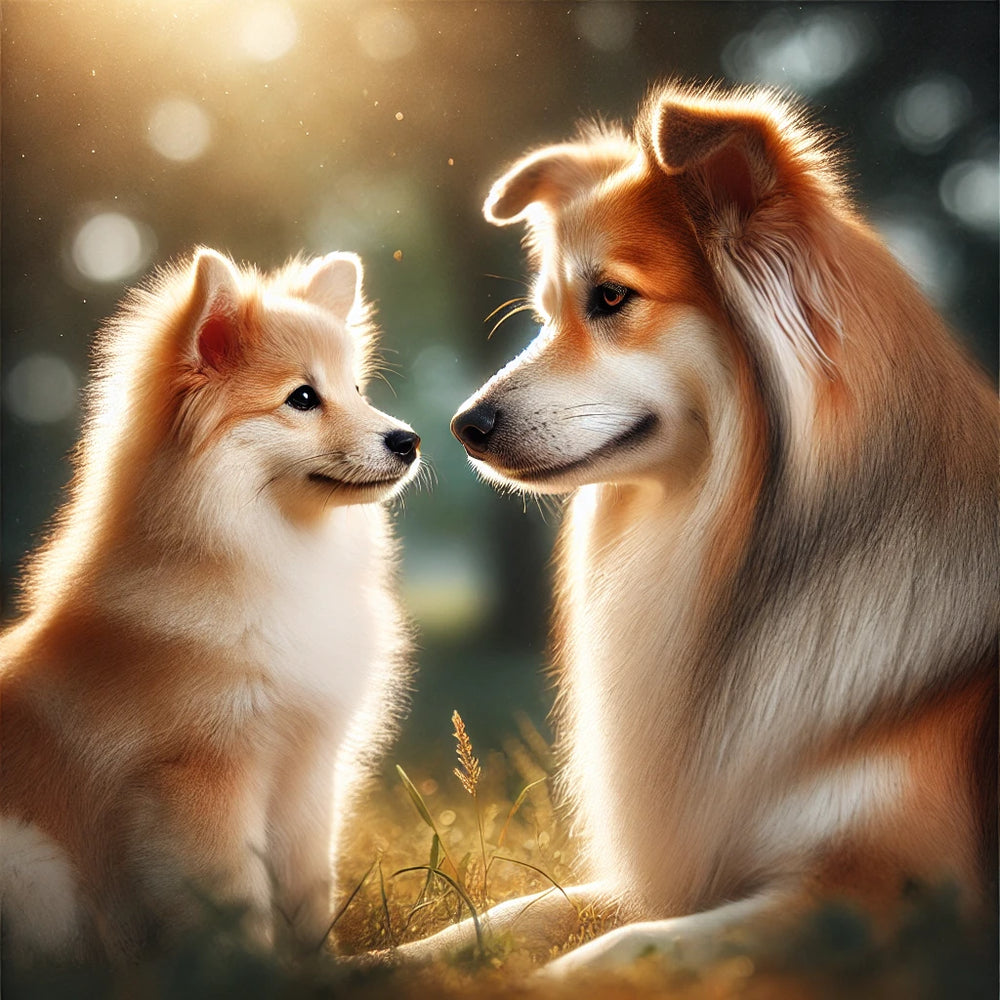 Image of a boy dog and a girl dog sitting close together