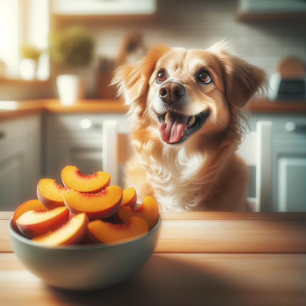 Dog eating peaches