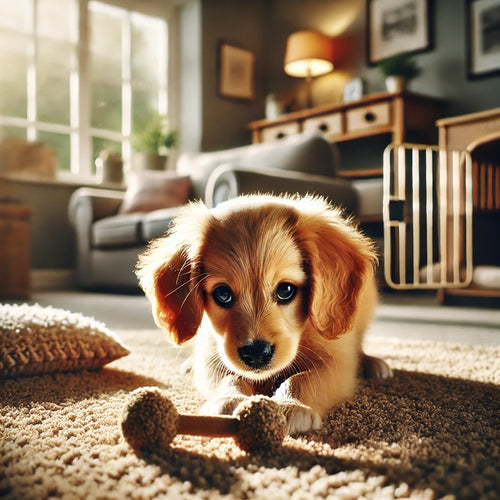 A puppy exploring a safe, puppy-proofed living room with soft bedding, chew toys, and a cozy crate.