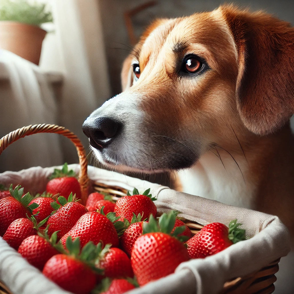 Image of a dog looking at a basket of fresh strawberries