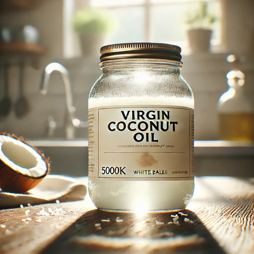 A jar of virgin coconut oil on a kitchen counter