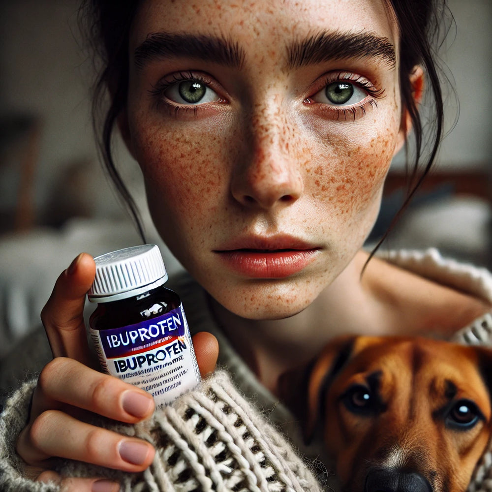 Image of a concerned dog owner holding ibuprofen