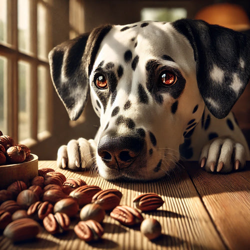 Dog looking at pecans on a table