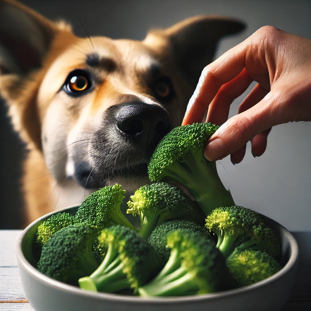 Dog eagerly eating broccoli from a bowl