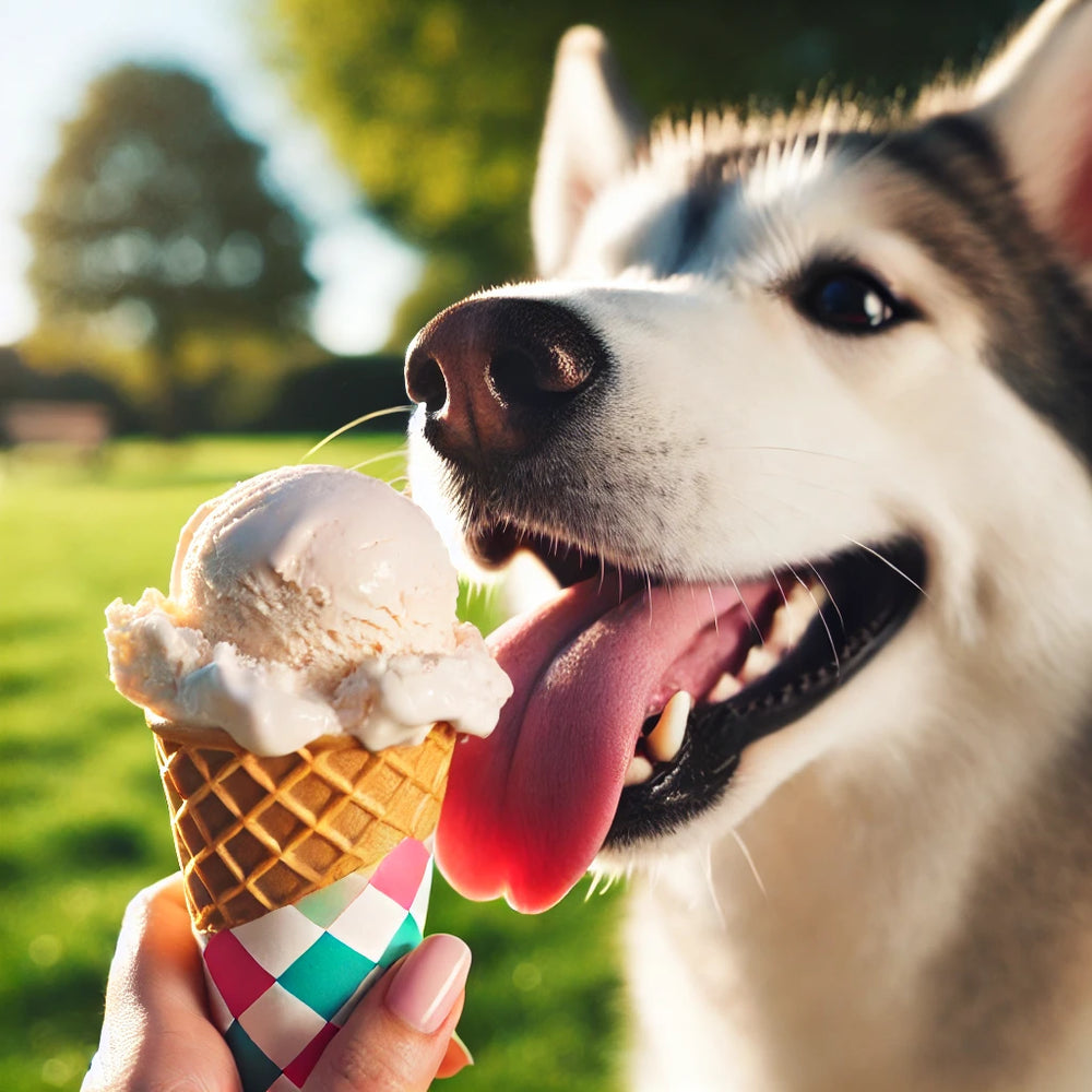 A dog eagerly licking a scoop of dog-friendly ice cream from a colorful cone, set against a backdrop of a sunny park.