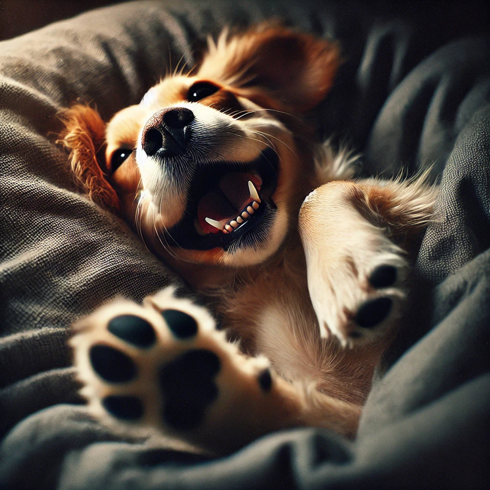  A close-up image of a dog panting while lying in its bed at night. 