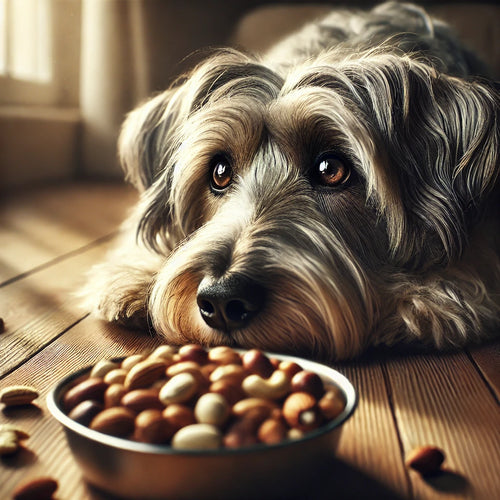 Dog looking at a bowl of mixed nuts