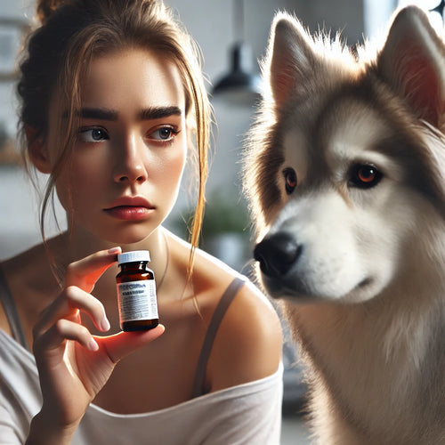 Concerned dog owner with medicine