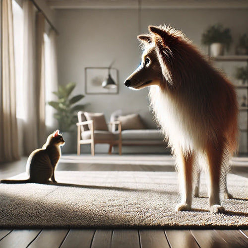 A dog watches a cat from across the room, showing gentle protective instincts as part of the household pack dynamics