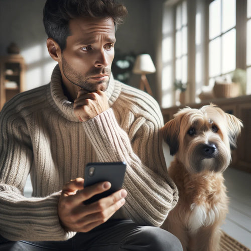 A concerned pet owner calling a veterinarian while observing their dog