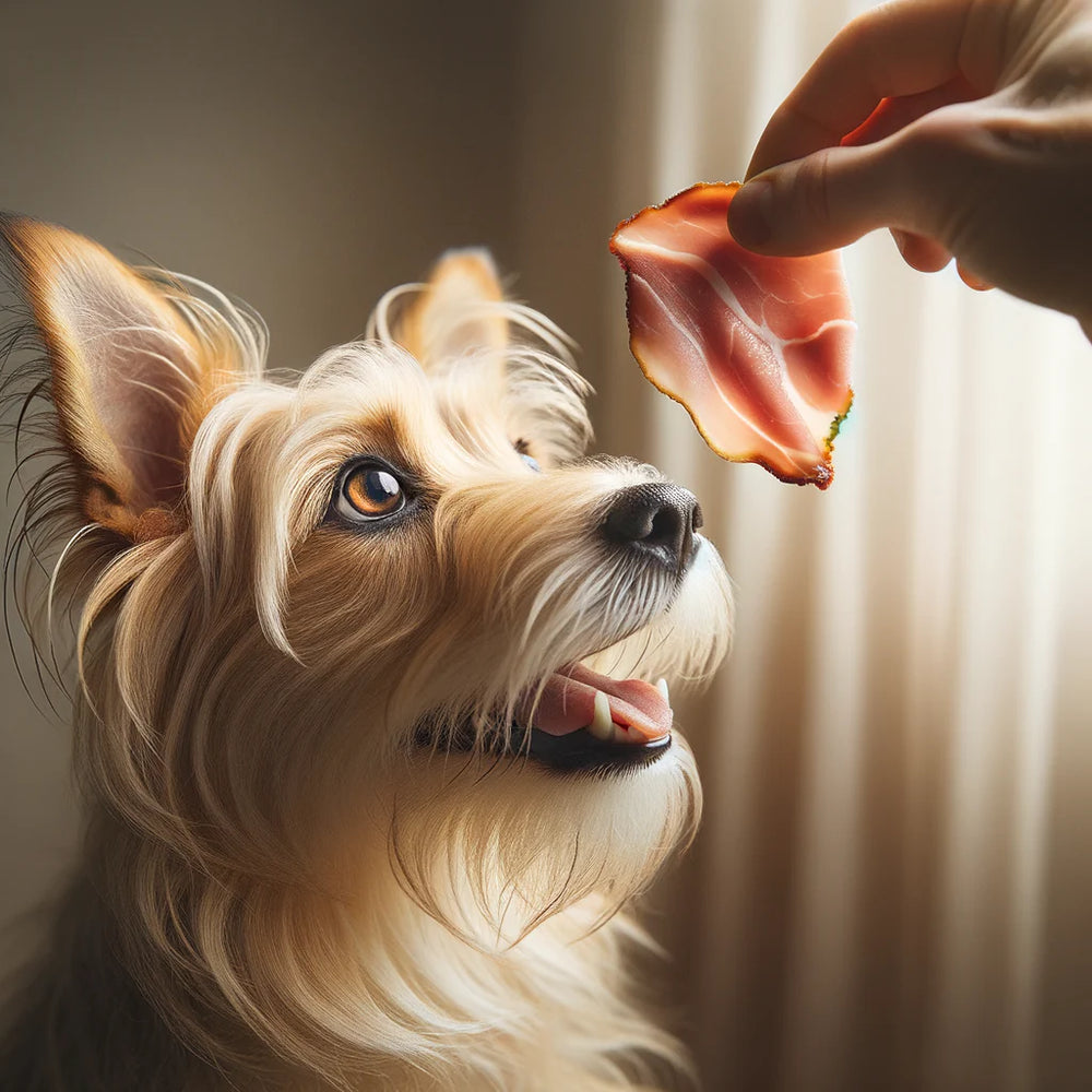 Dog offered a slice of ham to eat