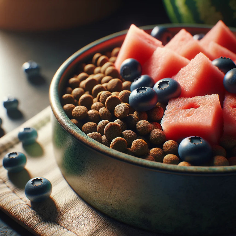 A close-up of a dog's bowl filled with dry kibble, mixed with small pieces of watermelon and blueberries.