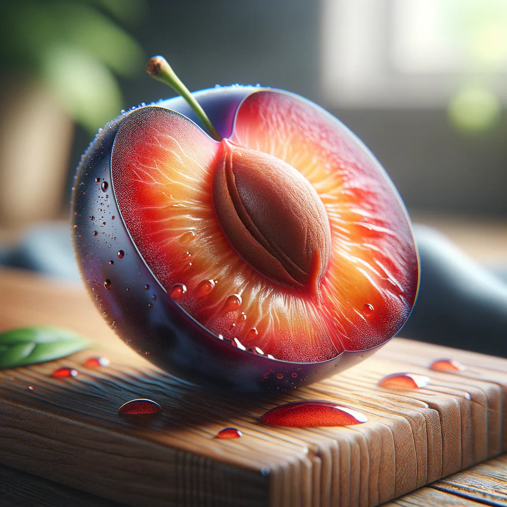 Image of a sliced plum on a wooden cutting board, highlighting the juicy flesh and hard pit.