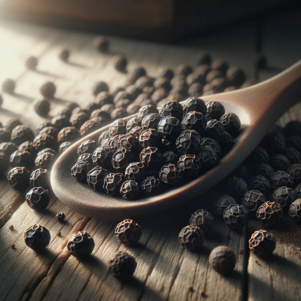 Image of black peppercorns scattered on a kitchen counter with a wooden spoon for seasoning