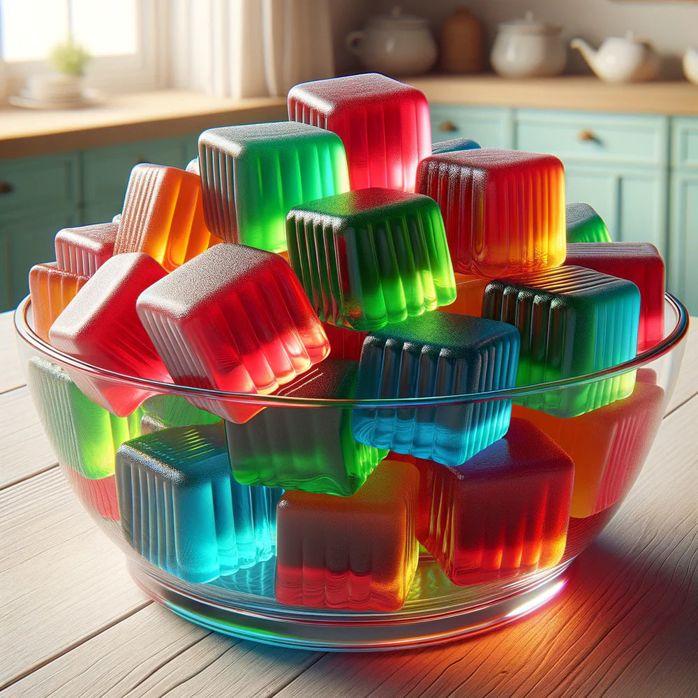 Colorful jello cubes in a bowl