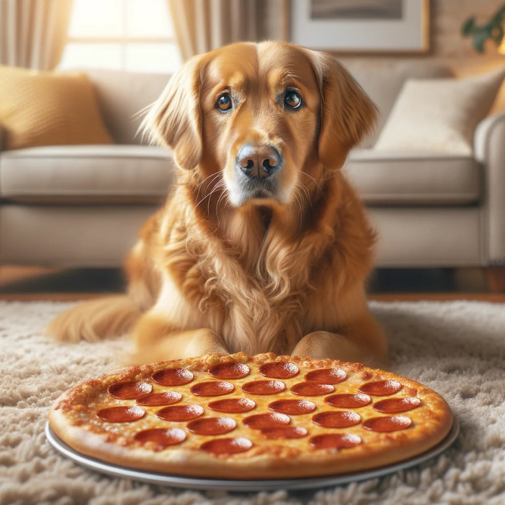 Dog looking at a pizza with pepperoni