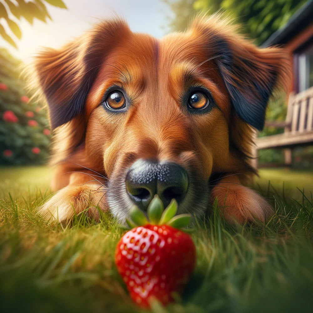 A dog sniffing a strawberry