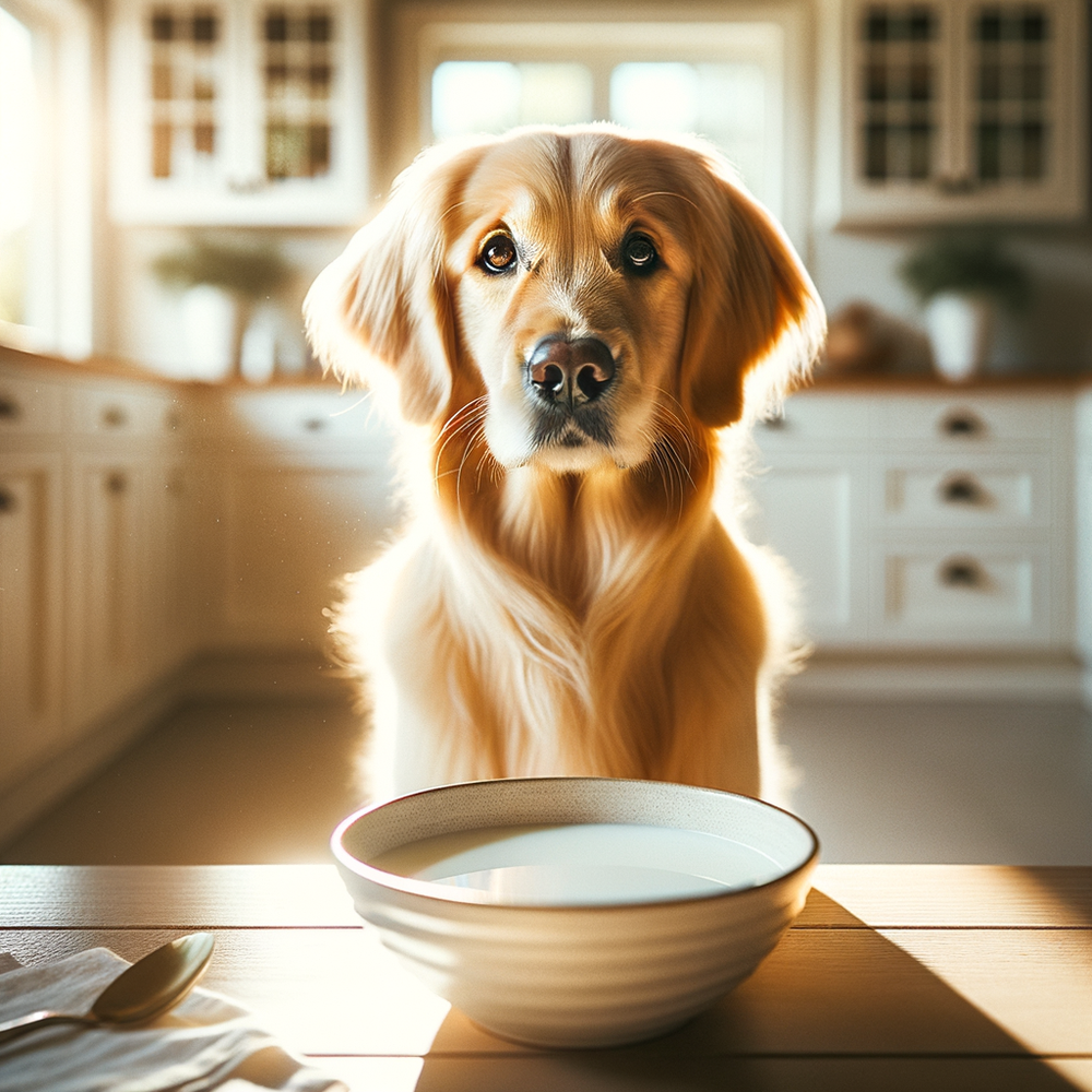 Dog with a bowl of milk