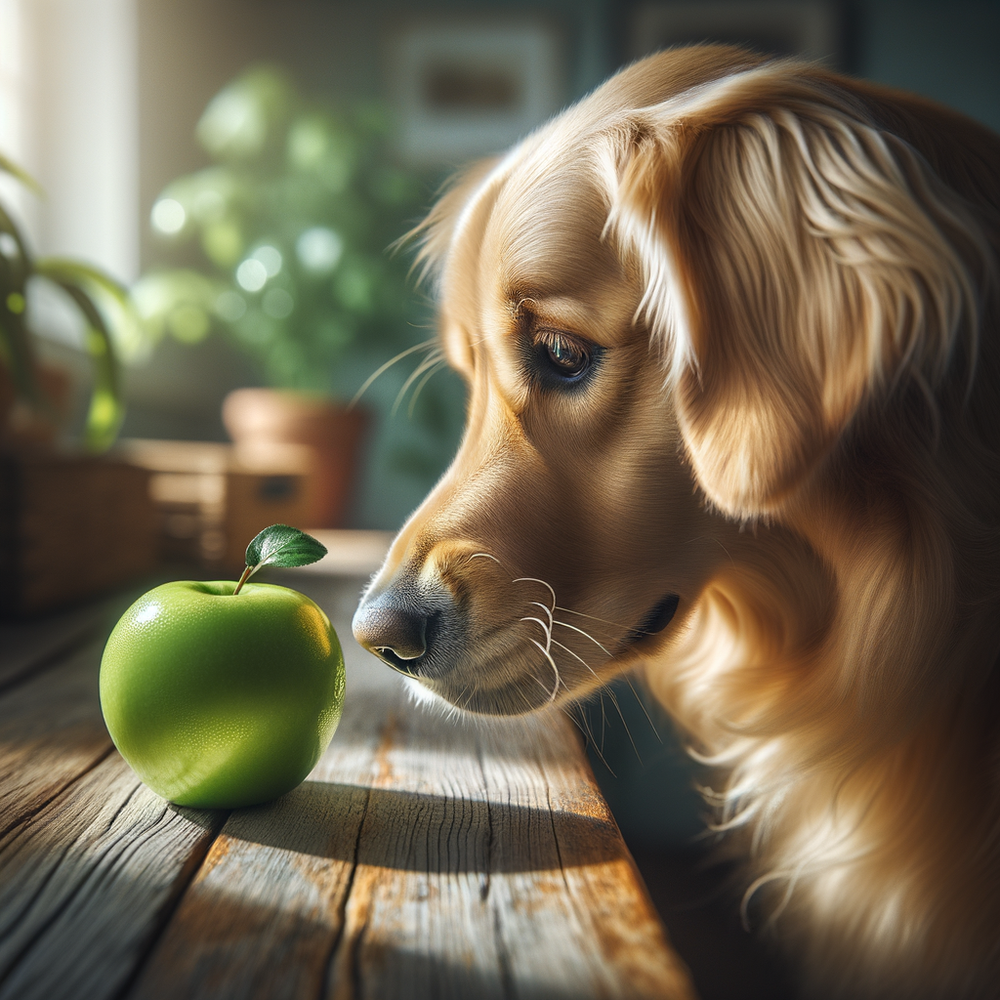 Dog sniffing a green apple