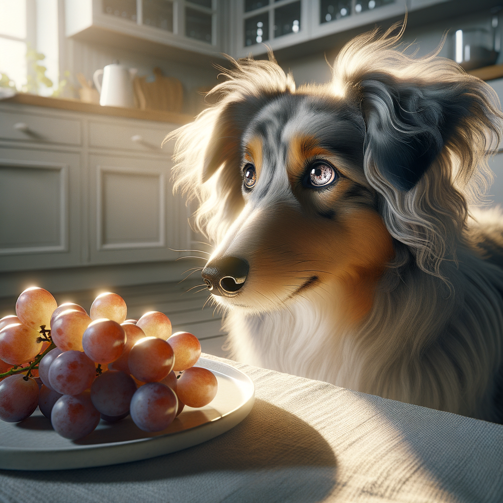 Dog looking curiously at a bunch of grapes