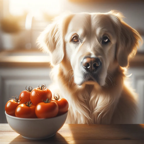 Dog next to a bowl of ripe tomatoes