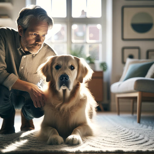 A concerned dog owner checking their dog's behavior