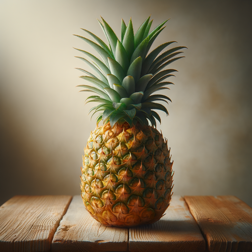 A whole pineapple with its leaves intact on a wooden table