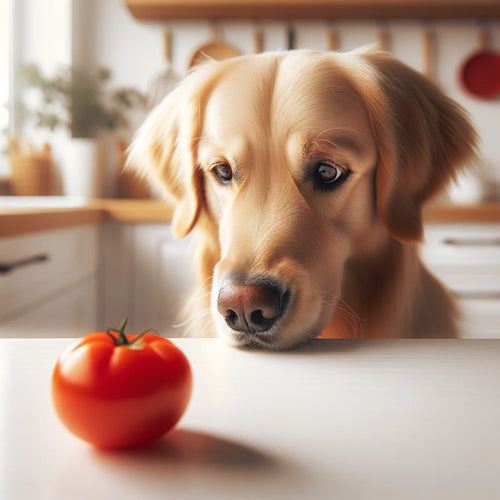 Dog looking at a tomato slice